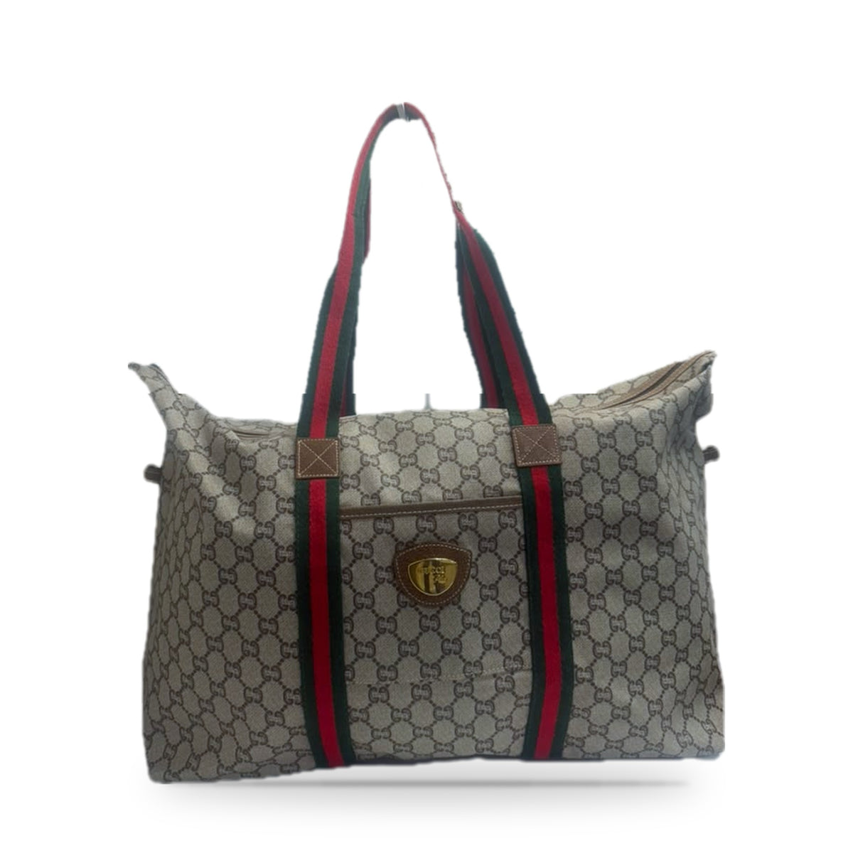 Vintage Gucci Plus tote in beige and brown GG Plus canvas, front view with the green-red-green web handles and gold GUCCI Plus shield plaque