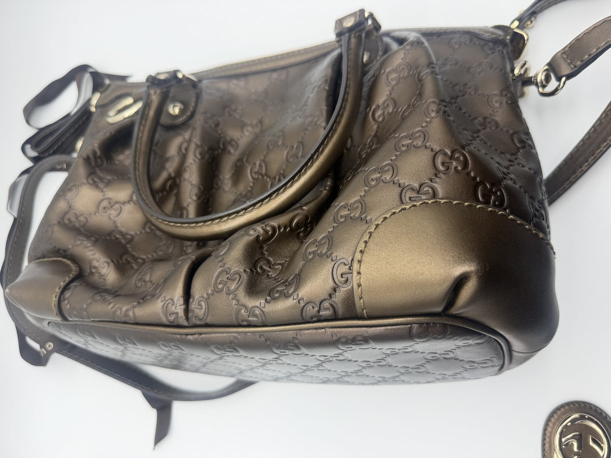 Three-quarter view showing the slouch and base corners