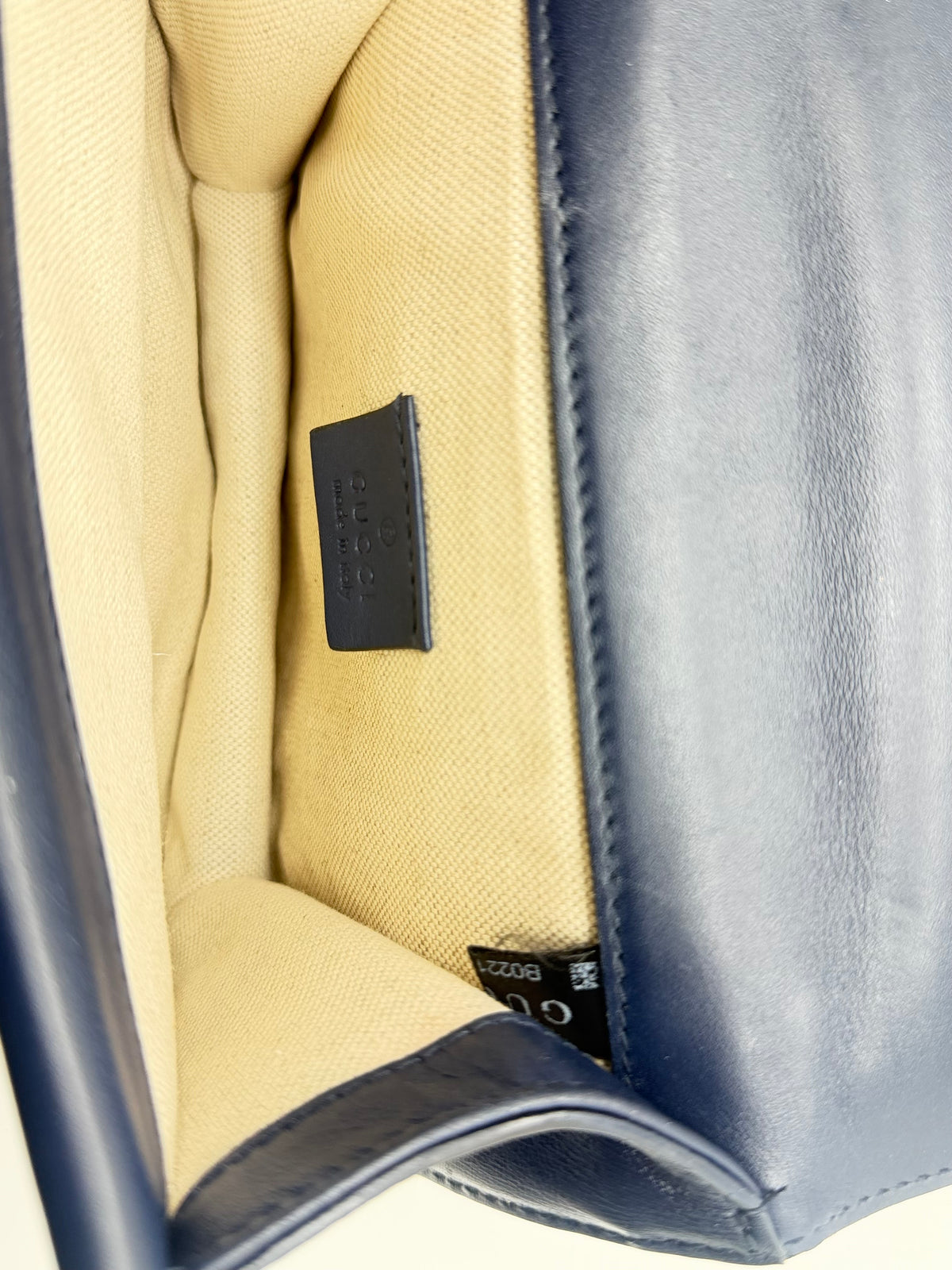 Close view of the interior leather tab and serial tag